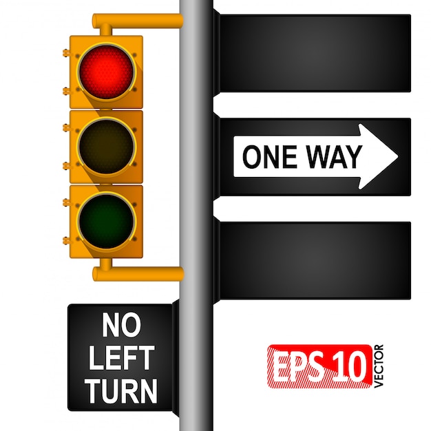 Желтый классический светофор на столбе в сша. дорожные знаки. регулирование дорожного движения.