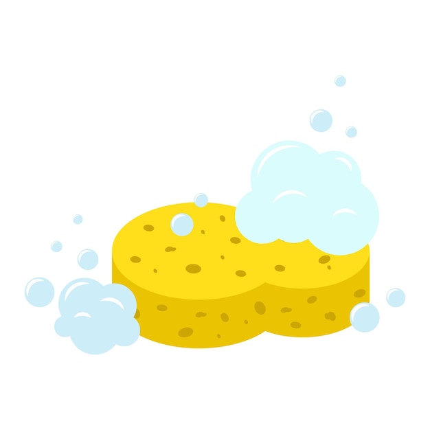 Yellow cleaning sponge with soap bubbles for washing and bathing vector illustration