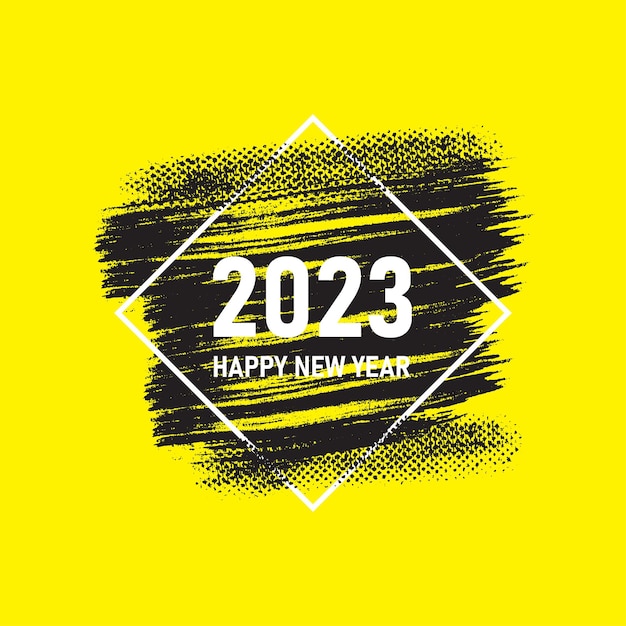 Yellow color happy new year 2023 background with a grunge brush stroke