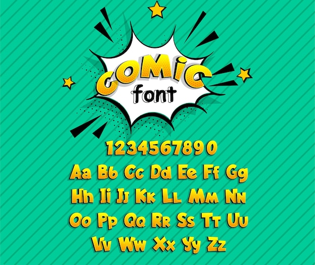 Вектор Желтый комикс поп-арт супергерой шрифт комического текста.
