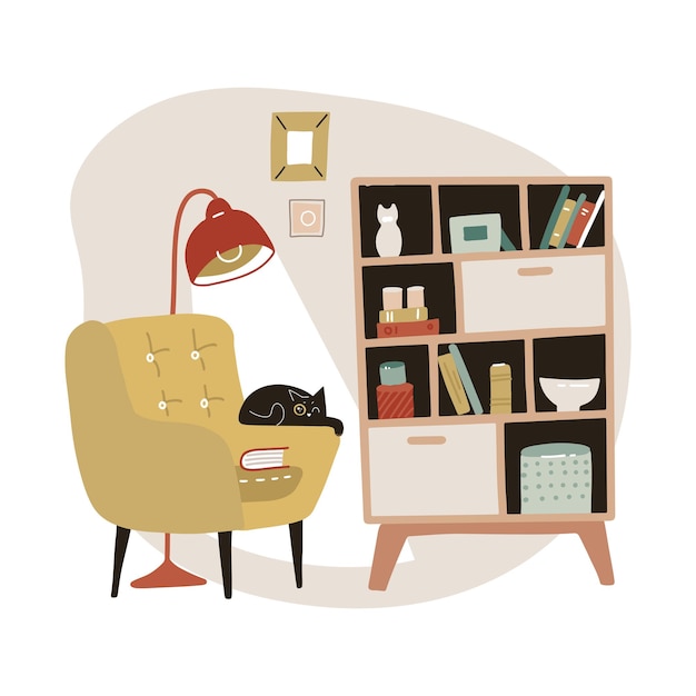 Accogliente poltrona gialla e libreria con scaffali. interno domestico scandinavo con gatto. illustrazione disegnata a mano piatta.