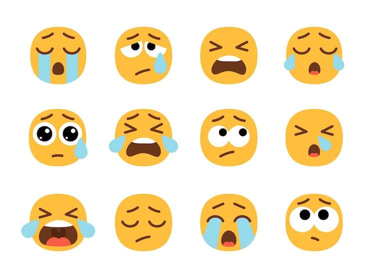 Vector yellow crying emoji faces.