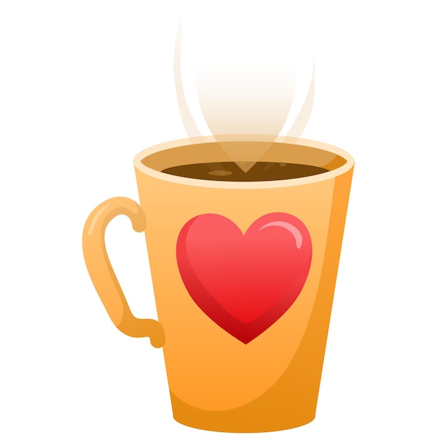 Желтая чашка кофе чая с паром в виде сердца и узором красного сердца