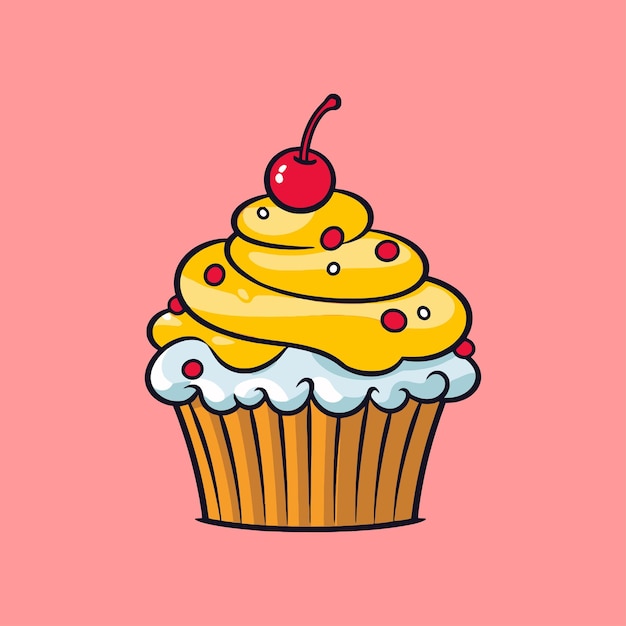 Yellow cupcake with cherry on top Vector illustration in simple flat style on pink background