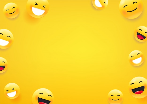 Yellow cute faces. Social media message   background. Copy space for a text