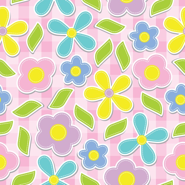 Yellow, cyan, pink and purple flowers seamless pattern on pink box background