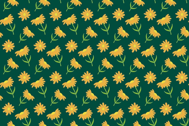Yellow Daisy Flowers Seamless Pattern Vector Green Background Chamomile with Orange Petals