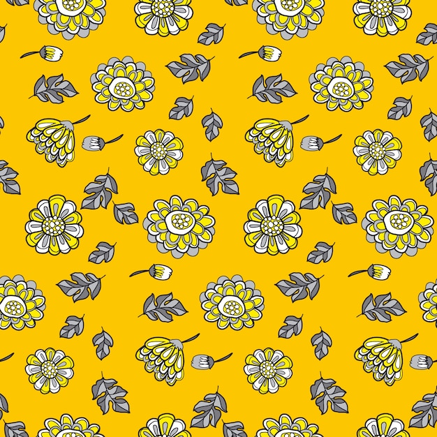 Vector yellow decorative floral fall seamless pattern.