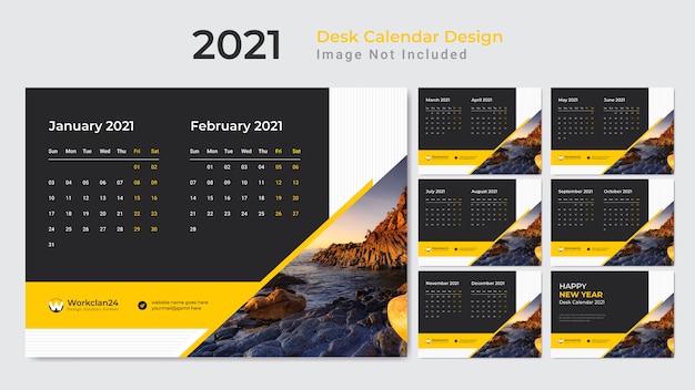 Yellow desk calendar, date planner for 2021