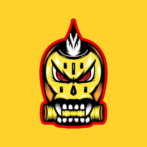 Yellow devil illustration with horn, red eyes and fangs. handrawn, mascot, scary and details style