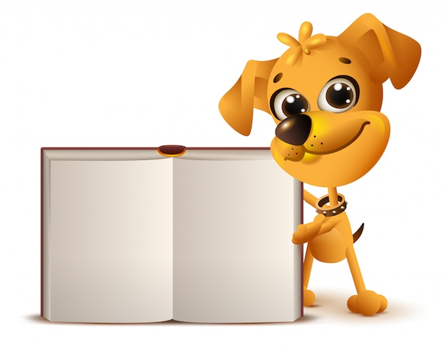 Желтая собака держит открытую книгу