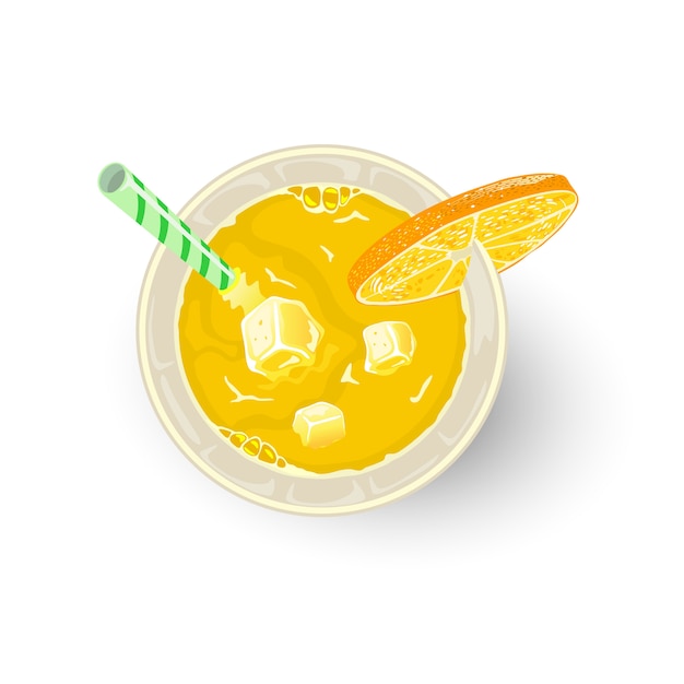 Vector yellow drink from citrus fruits and other ingredients in glass with straw, slice of orange or lemon. aperitif, alcoholic cocktail paradise, screwdriver, tequila sunrise, mimosa. mocktail. top view.