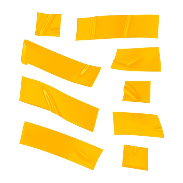 Vector yellow duct tape set. realistic yellow adhesive tape pieces for fixing isolated. paper glued.