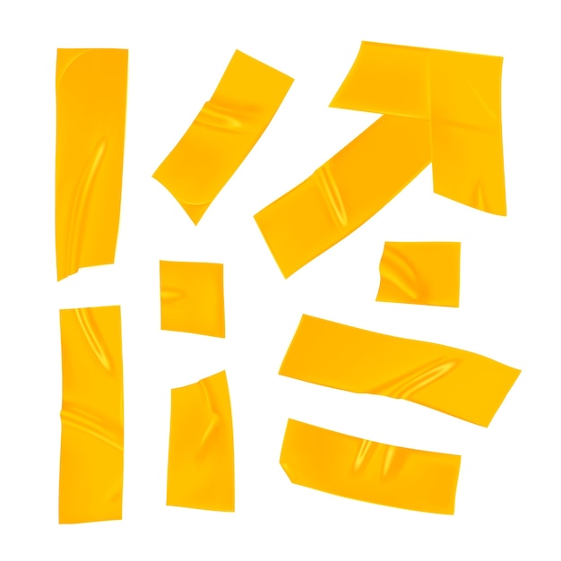 Yellow duct tape set. Realistic yellow adhesive tape pieces for fixing isolated on white background. Arrow and paper glued. Realistic 3d illustration.