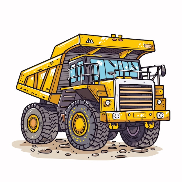 Yellow dump truck cartoon style isolated white background huge wheels construction machinery