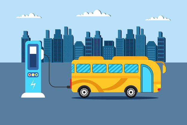 Вектор Желтый электрический автобус на заправочной станции на зарядной станции в современном гибридном футуристическом городе будущего