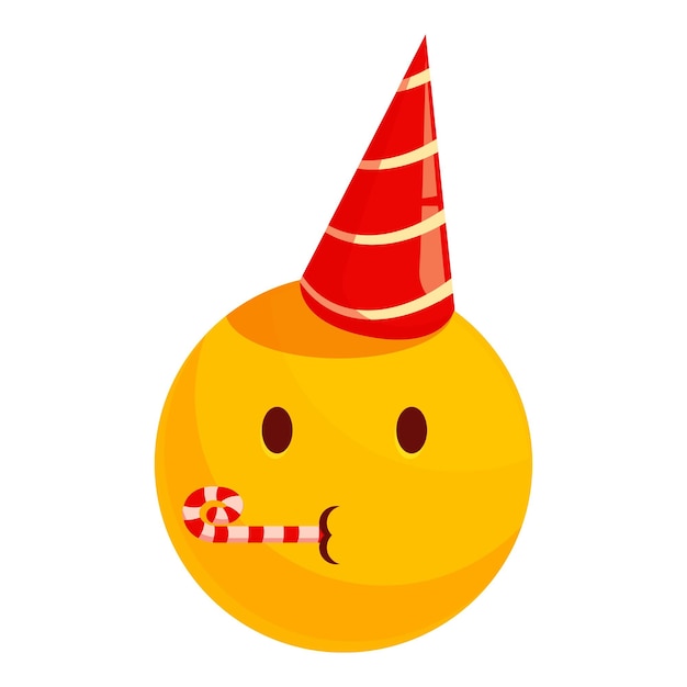 誕生日の帽子をかぶってパーティーホーンを吹く黄色いエモジ