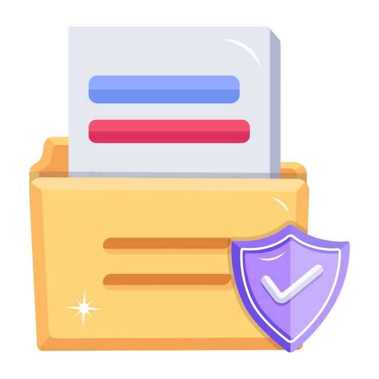 Vector a yellow envelope with a blue shield and a blue tick button.