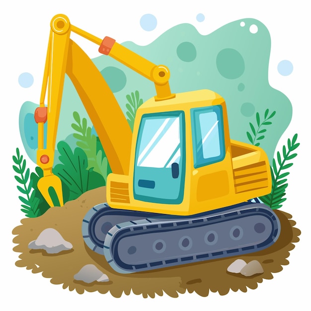 a yellow excavator is in a field with a blue sky and green plants