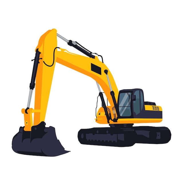 A yellow excavator stands in front of us with the bucket down Isolated on a white background Layout of construction equipment