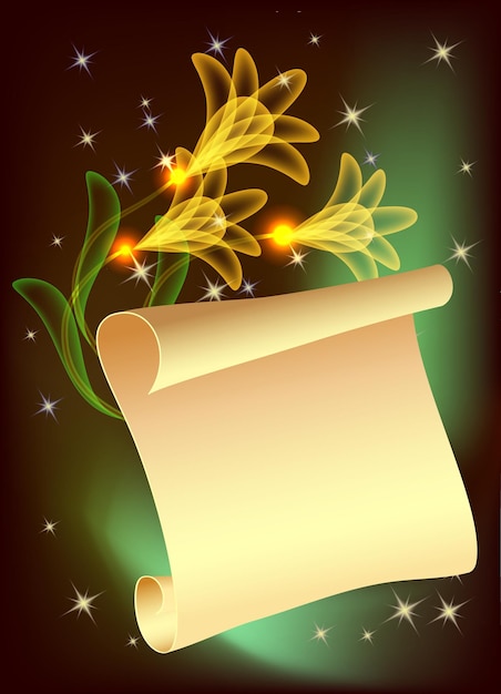 Yellow fairy tale flowers and parchment Magic background with scroll paper and sparkle stars