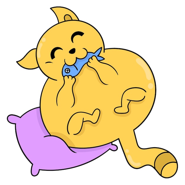 Yellow fat and fat cat enjoying salted fish food, vector illustration art. doodle icon image kawaii.