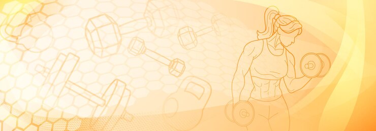 Вектор желтый фитнес-тематический фон стилизованная женская фигура с мускулистой фигурой, держащая то, что кажется гантелью или весом, на фоне с абстрактными формами