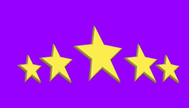 Yellow five star rating in 3d style on blue background. Vector stock illustration.