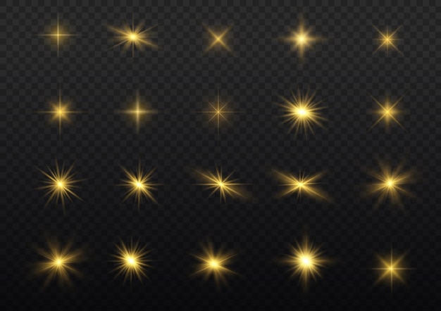 Yellow flares glare light Glowing gold star Flash golden sparks Sun rays Bokeh effect sparkle Vector