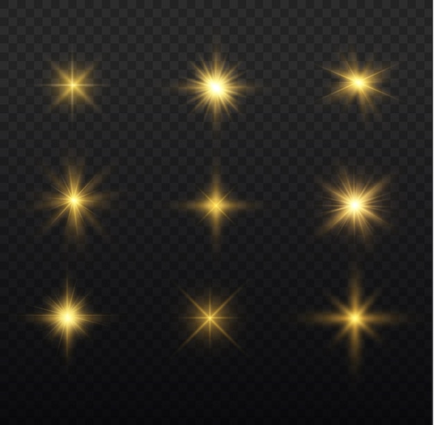 Yellow flares glare light Glowing gold star Flash golden sparks Sun rays Bokeh effect sparkle Vector