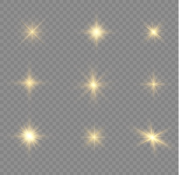Yellow flares glare light glowing gold star flash golden sparks sun rays bokeh effect sparkle vector