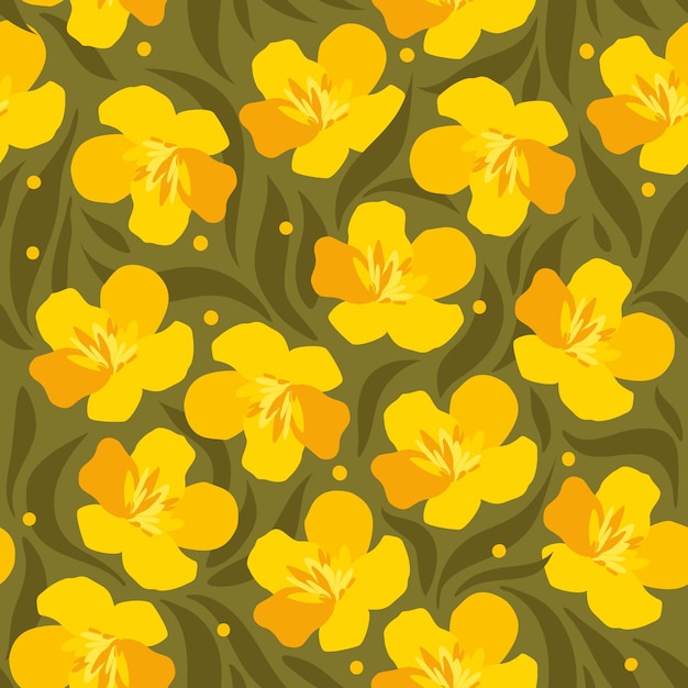 ベクトル 日当たりの良い緑の背景に黄色の花とシームレスな背景に描かれた黄色の平らな花の手