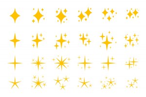 Yellow flat sparkles symbols icon set.