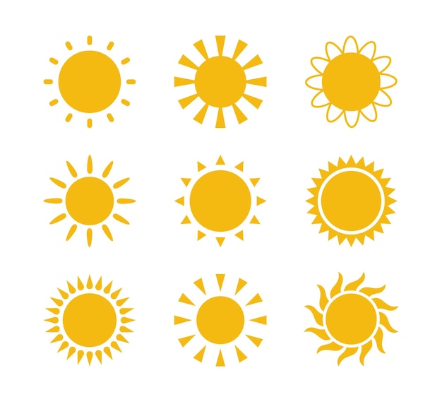 Yellow flat sun with rays icons in various design Sun silhouette icons Graphic weather signs Symbol of heat warm and climate Vector illustrations set isolated on white background