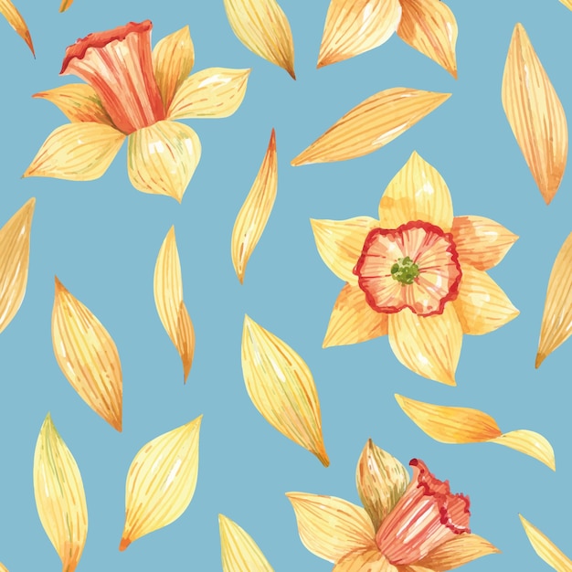 Yellow, floral background with hand drawn primroses, daffodil flowers and petals. Seamless pattern