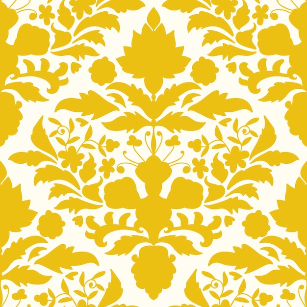 Vector yellow floral damask ornament on white background. bright seamless pattern with flowers, curls