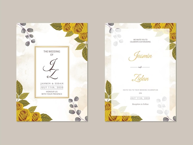 Yellow Floral Luxury Wedding Invitation with watercolor background