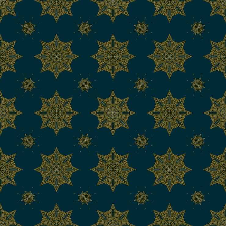 Vector yellow floral ornament pattern on dark green background. repeat, line and mandala style