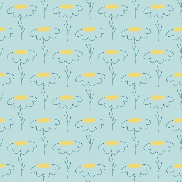 Yellow floral seamless pattern with outline chamomile flowers print