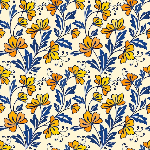 黄色い花と青い葉のデザインのシームレスなパターン。