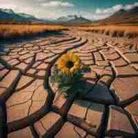 Vector a yellow flower in a cracked cracked earth with mountains in the background