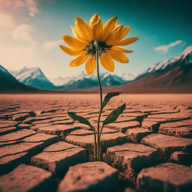 a yellow flower is growing in a cracked cracked earth