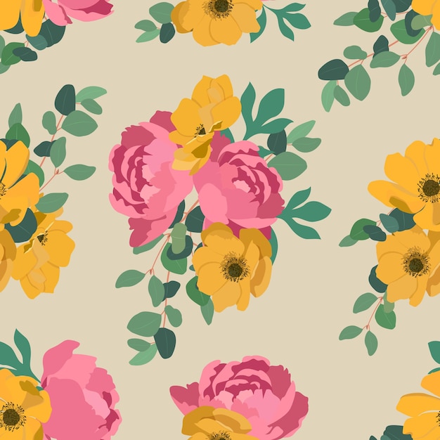 Yellow flowers anemone and pink peonies on beige background seamless vector illustration for decoration textile packaging and wallpaper