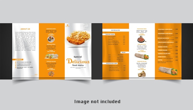 Menu fast food con modello di brochure a tre ante per cibo giallo per ristorante