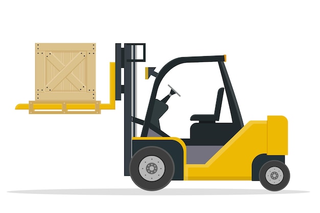 Yellow forklift to load delivery department vector illustration with cargo wooden box