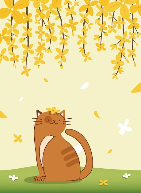 Vector yellow forsythia and cat vector illustration