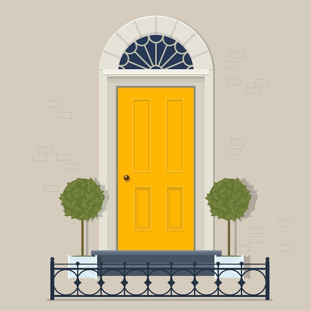 Vector yellow front door with two potted plants in pots and cast iron fence. vector illustration