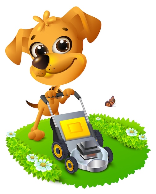 Желтая весело собака косит лужайку. векторные иллюстрации шаржа 3d