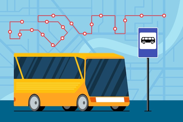 Желтый футуристический городской транспортный автобус на дороге возле автобусной остановки, знак на карте с движением