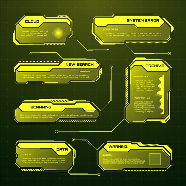 Yellow futuristic hud ui elements scifi user interface text boxes callouts warning message frames